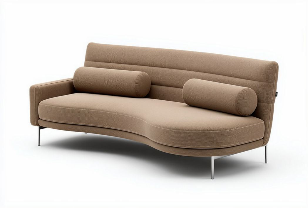 Modern curved sofa with two bolsters in brown fabric and metal legs 200 x 90 x 75cm