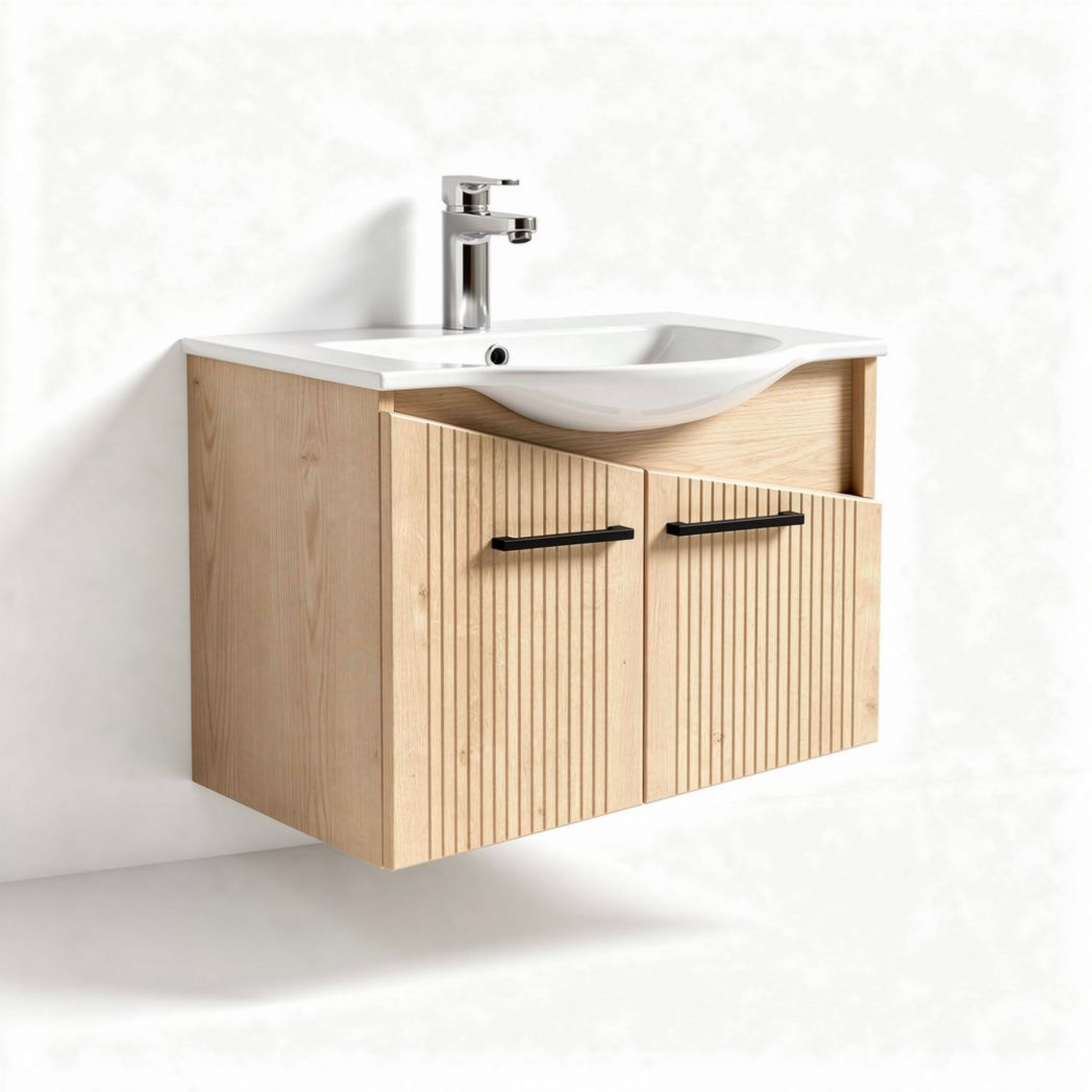 Wall-mounted bathroom vanity with sink in light oak finish 80 x 50 x 45cm