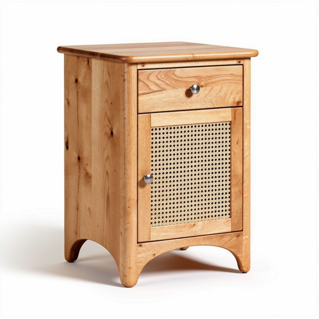 Natural wood nightstand with woven cane drawer front and storage space 40 x 35 x 60cm