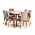 Wood dining table set with six fabric upholstered chairs in beige 150 x 90 x 75cm