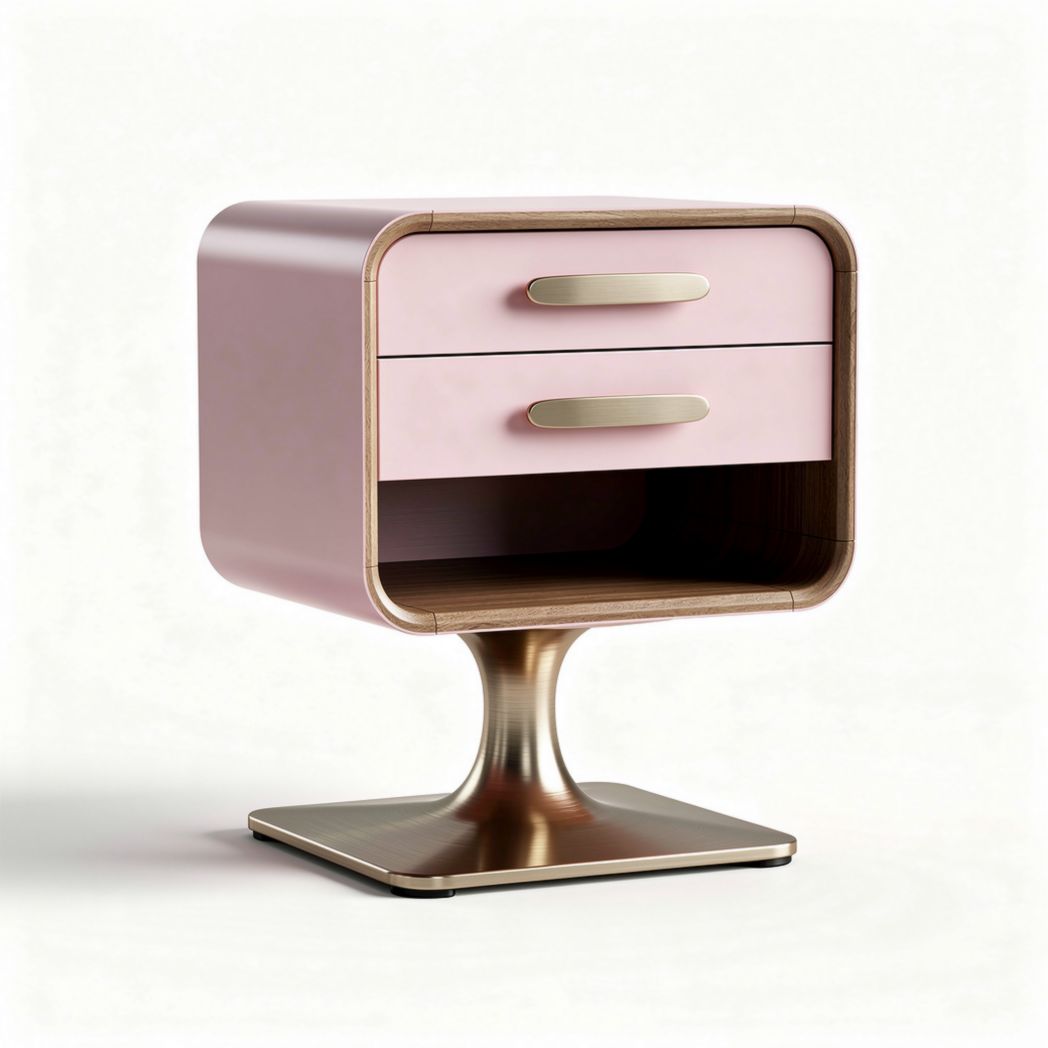 Modern pink bedside table with two drawers and metal base 40 x 40 x 50cm