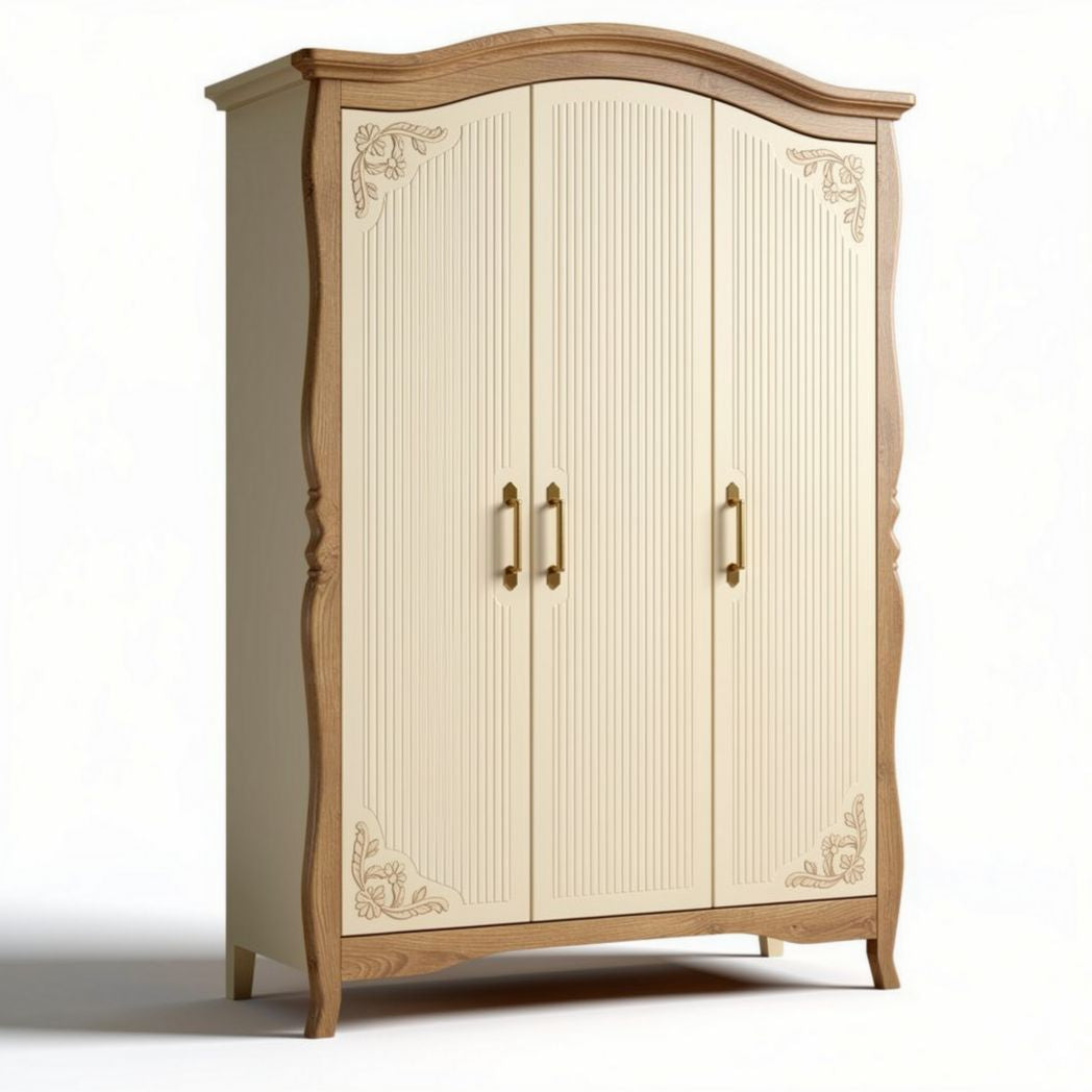 Wooden armoire with three doors and decorative detailing in cream color
