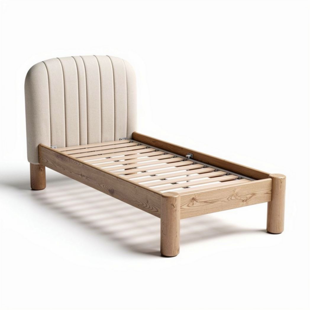 Wooden bed frame with upholstered headboard in natural finish 190 x 90 x 50cm
