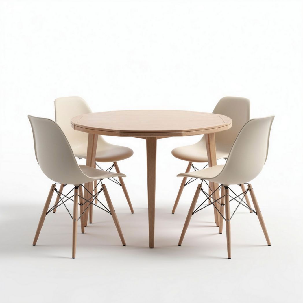 Round dining table with wooden legs and four beige plastic chairs